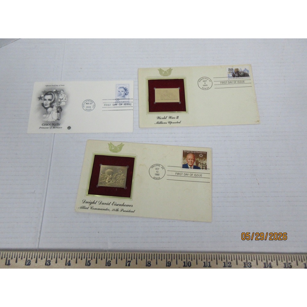 3pc 22kt Gold Foil Stamp Replica First Day Issue Covers Eisenhower Grace Kelly